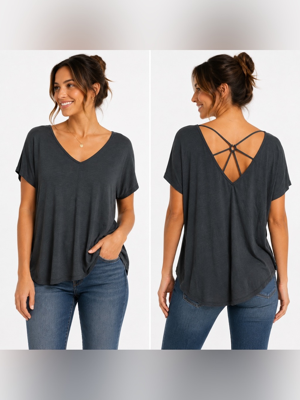 Papermoon Ampton Short Sleeve V-Neck Tee with Strappy Back Detail Charcoal Large